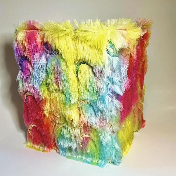 Colorful Faux Fur & Rainbow Sequined Moons Covered Hardcover Notebook Journal - Picture 6 of 7